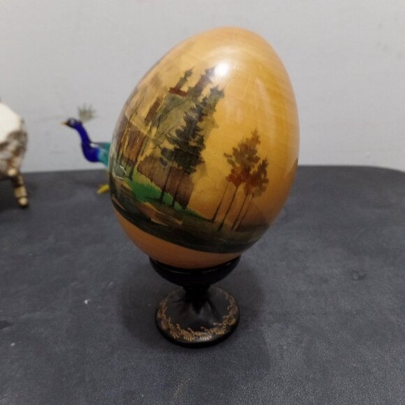 Vintage Russian Hand Painted Wooden Egg w/ Stand - Picture 3 of 13